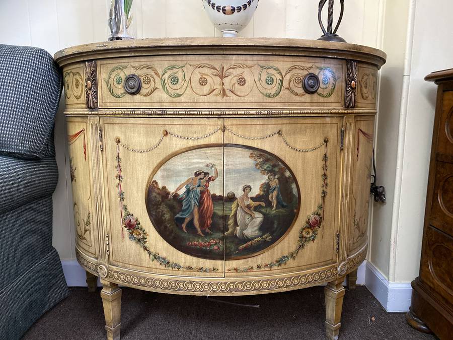 hand painted demilune cabinet